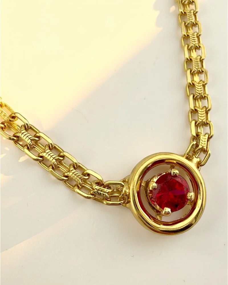 Estate 14K Yellow Gold Flat Bismarck Chain Necklace with 0.80 ct Ruby Pendant 16 in - 14K Solid Gold - Free shipping - 3