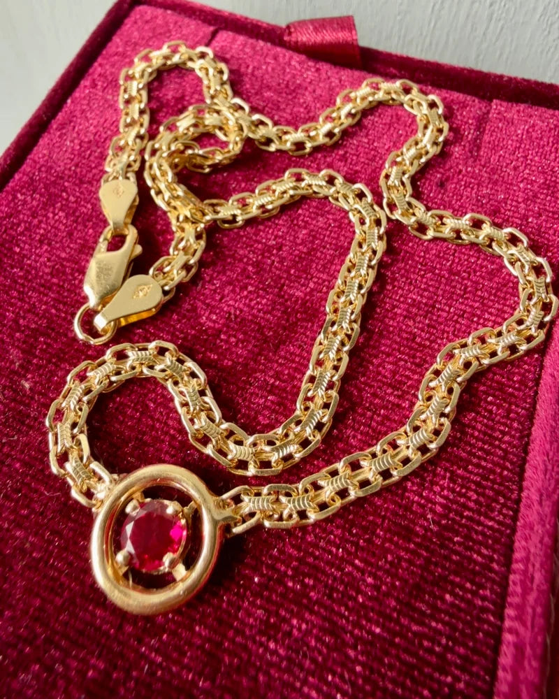 Estate 14K Yellow Gold Flat Bismarck Chain Necklace with 0.80 ct Ruby Pendant 16 in - 14K Solid Gold - Free shipping - 6