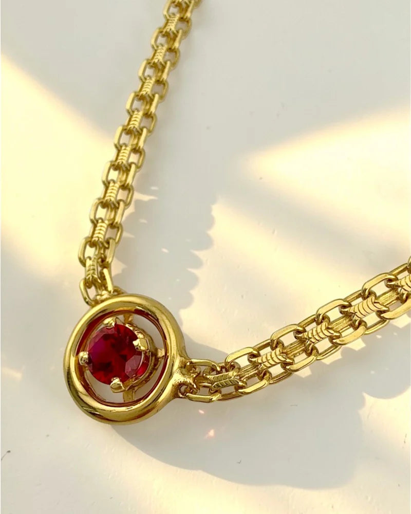 Estate 14K Yellow Gold Flat Bismarck Chain Necklace with 0.80 ct Ruby Pendant 16 in - 14K Solid Gold - Free shipping