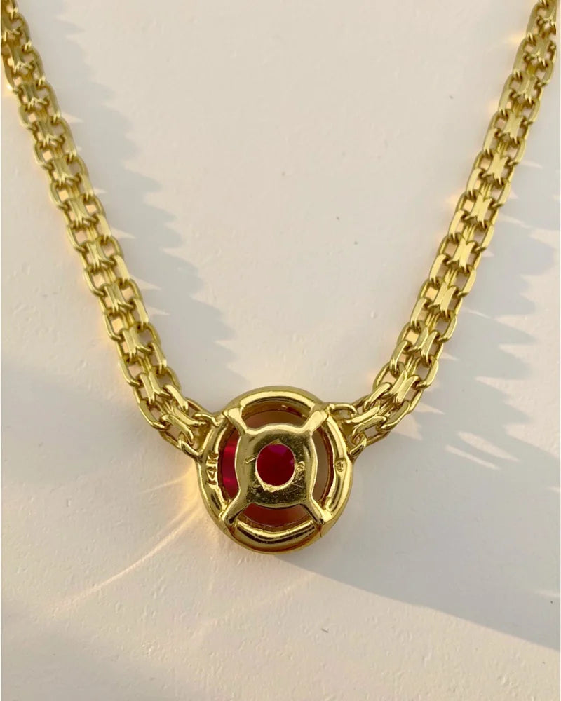Estate 14K Yellow Gold Flat Bismarck Chain Necklace with 0.80 ct Ruby Pendant 16 in - 14K Solid Gold - Free shipping - 8