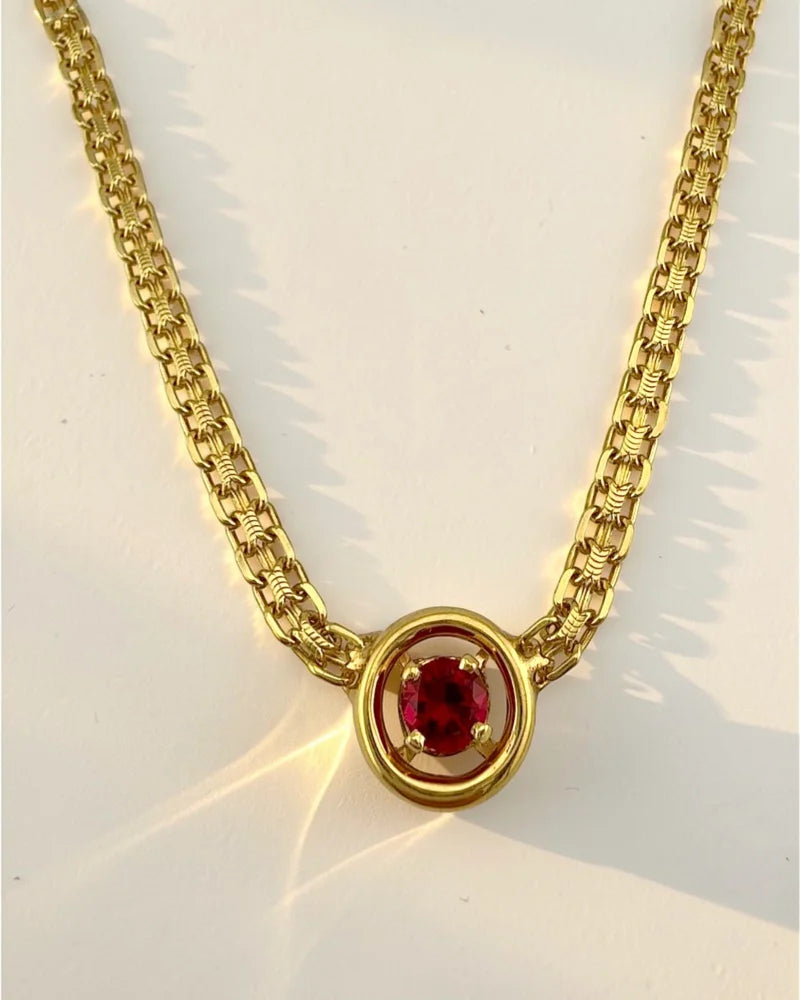 Estate 14K Yellow Gold Flat Bismarck Chain Necklace with 0.80 ct Ruby Pendant 16 in - 14K Solid Gold - Free shipping - 1