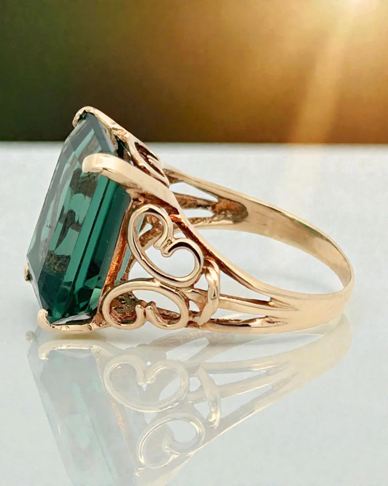 Estate 8.17 ct Green Tourmaline Filigree Ring in 10K Gold - 10K Gold - Free shipping - 3