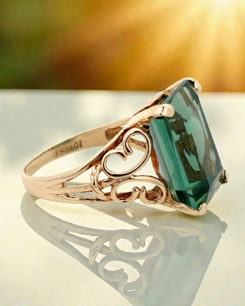 Estate 8.17 ct Green Tourmaline Filigree Ring in 10K Gold - 10K Gold - Free shipping - 5