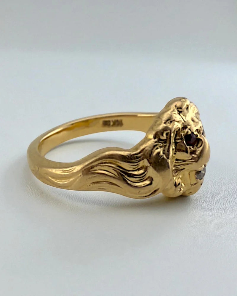Gold Ruby & Diamond Lion Head Signet Ring - 14K Solid Gold - Free shipping - 3