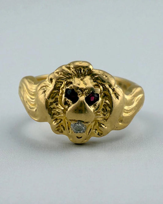 Gold Ruby & Diamond Lion Head Signet Ring - 14K Solid Gold - Free shipping - 1