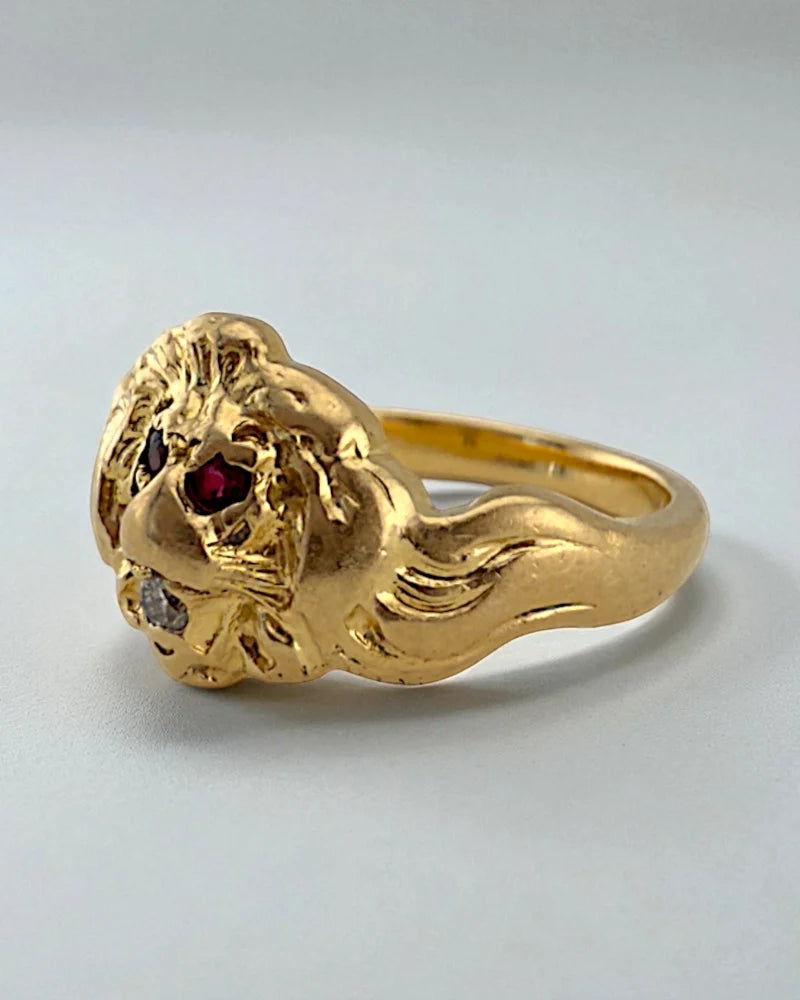 Gold Ruby & Diamond Lion Head Signet Ring - 14K Solid Gold - Free shipping - 2
