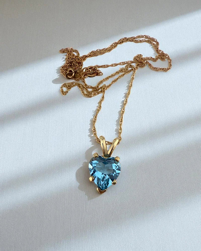 Heart Blue Topaz Gold Necklace - 14K Solid Gold - Free shipping - 1