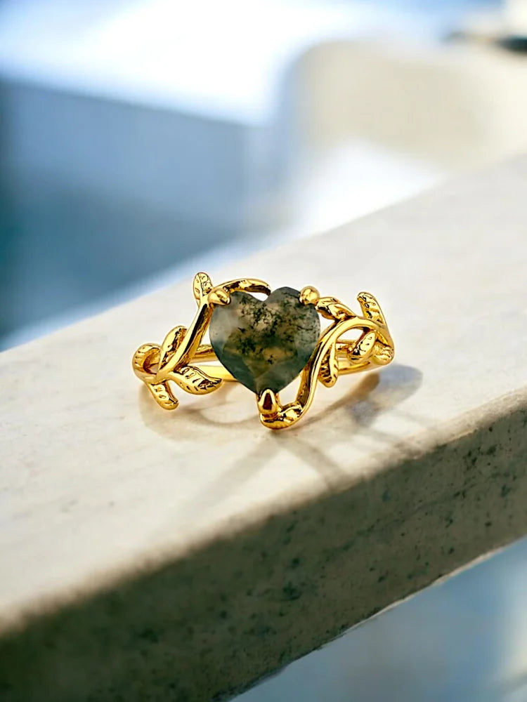 Heart Cut Natural Moss Agate Ring - SS925 14K Gold Vermeil - Free shipping - 1