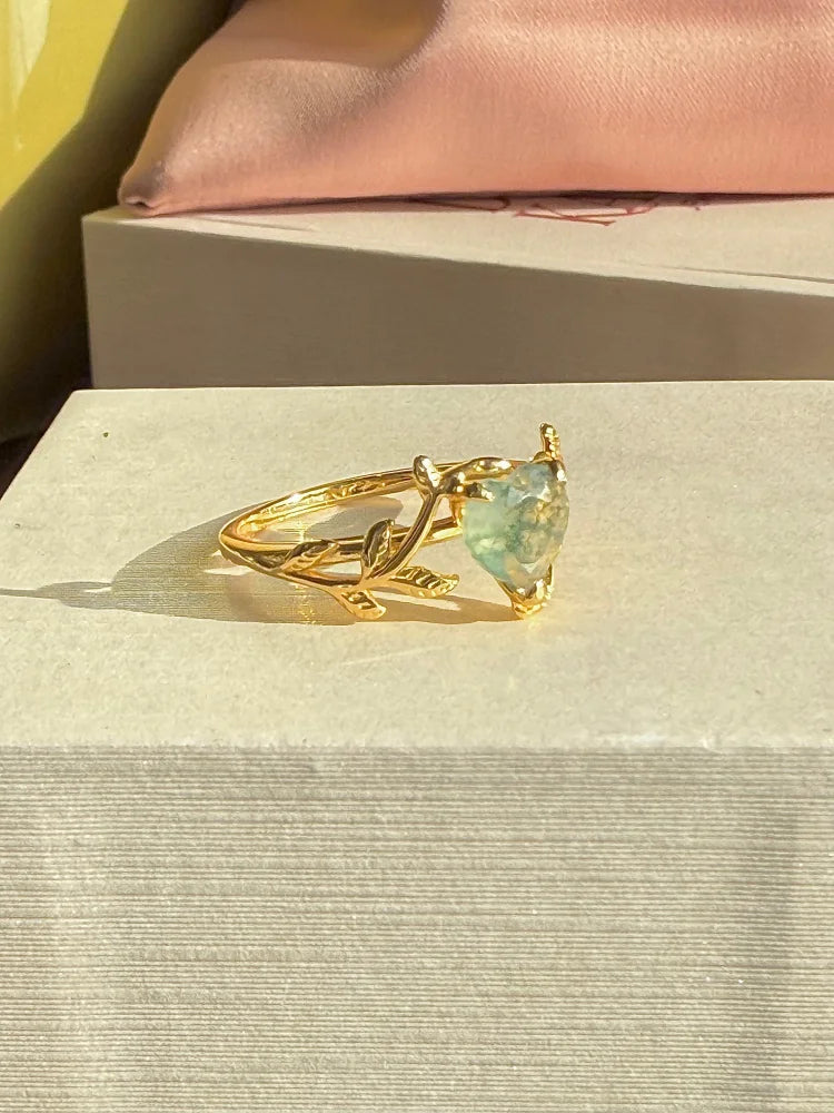 Heart Cut Natural Moss Agate Ring - SS925 14K Gold Vermeil - Free shipping - 9