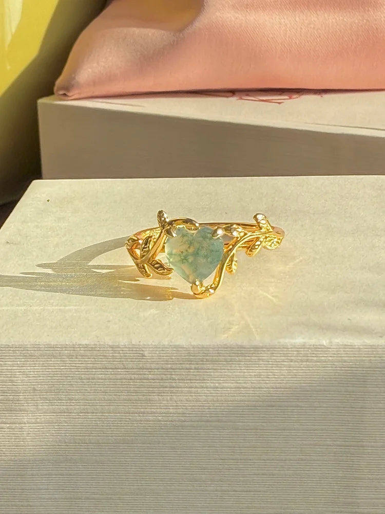 Heart Cut Natural Moss Agate Ring - SS925 14K Gold Vermeil - Free shipping - 6