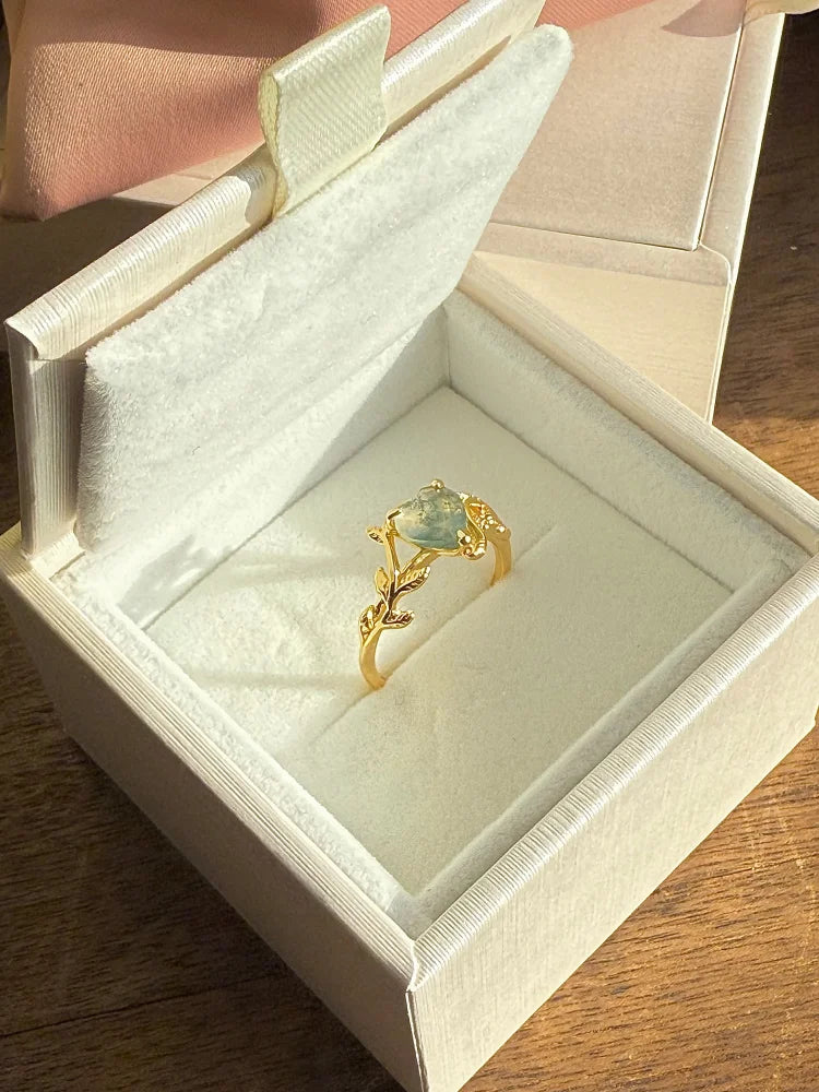 Heart Cut Natural Moss Agate Ring - SS925 14K Gold Vermeil - Free shipping - 7
