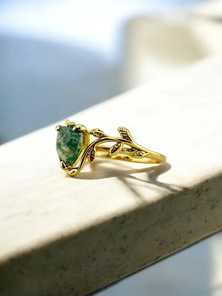 Heart Cut Natural Moss Agate Ring - SS925 14K Gold Vermeil - Free shipping - 2