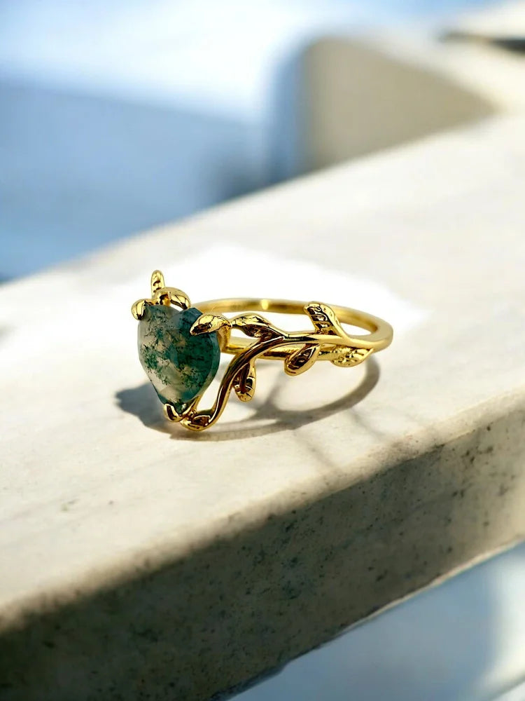 Heart Cut Natural Moss Agate Ring - SS925 14K Gold Vermeil - Free shipping - 4