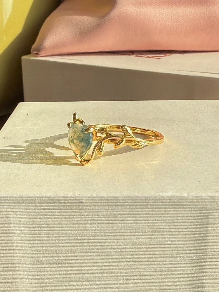 Heart Cut Natural Moss Agate Ring - SS925 14K Gold Vermeil - Free shipping - 8