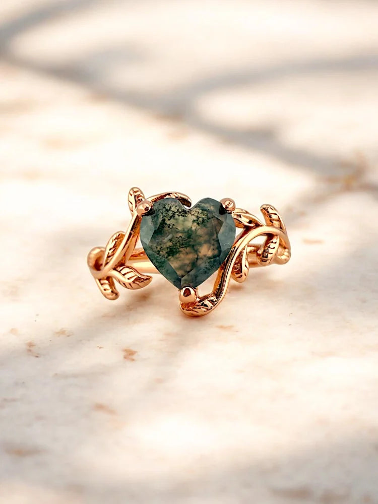 Heart Cut Natural Moss Agate Rose Gold Ring - SS925 14K Gold Vermeil - Free shipping - 1