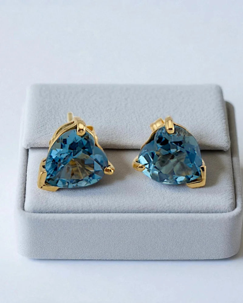 Heart Shape Blue Topaz Stud Earrings - 14K Solid Gold - Free shipping - 3