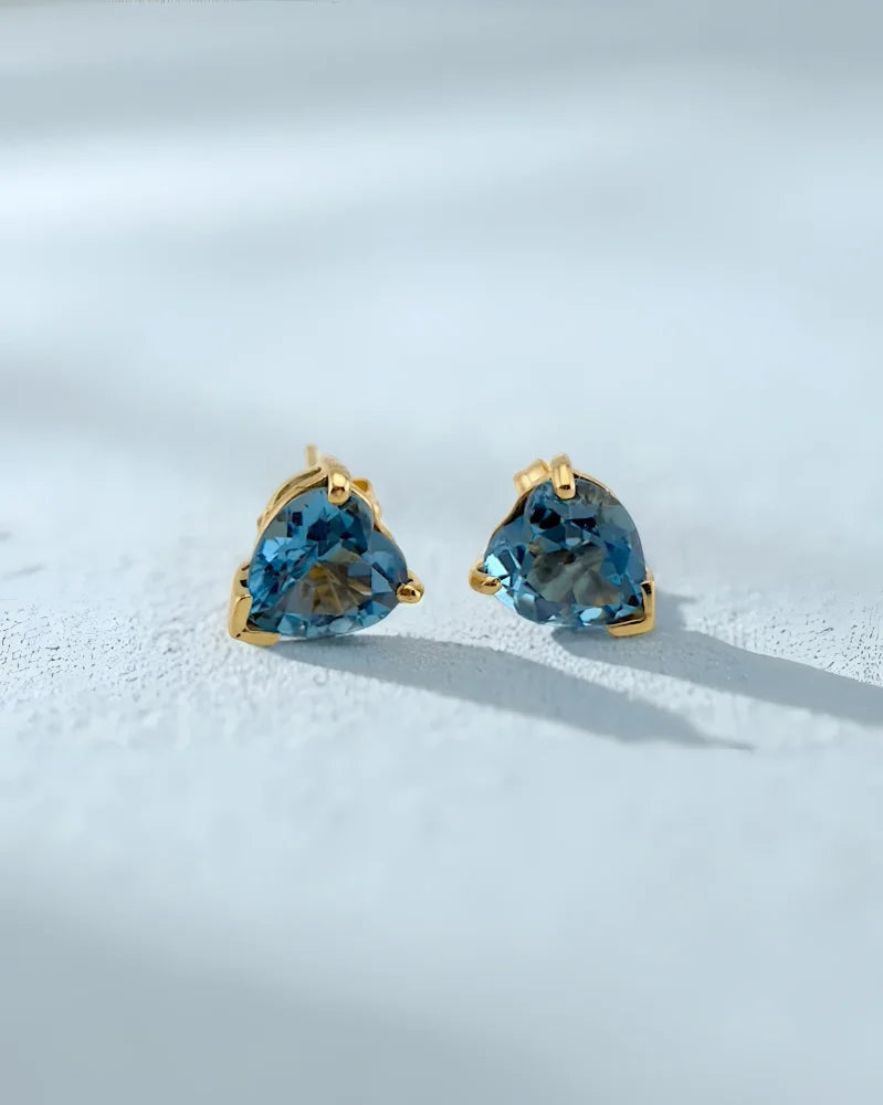 Heart Shape Blue Topaz Stud Earrings - 14K Solid Gold - Free shipping - 1