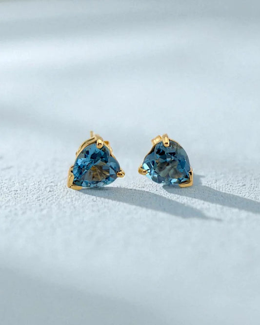 Heart Shape Blue Topaz Stud Earrings - 14K Solid Gold - Free shipping - 1