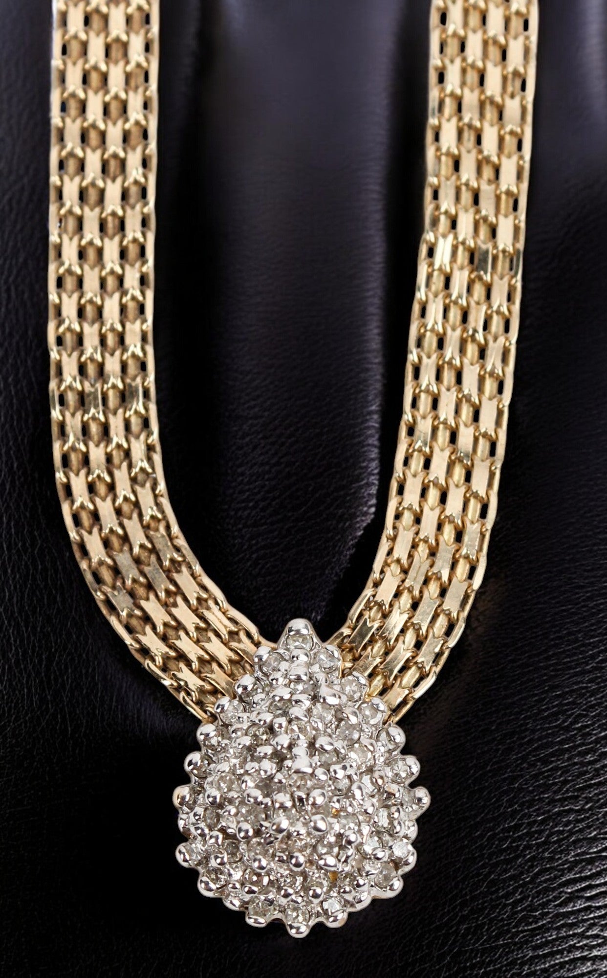 Vintage Gold Mesh Necklace with Natural Diamond Cluster Pendant