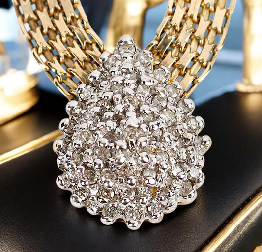 Vintage Gold Mesh Necklace with Natural Diamond Cluster Pendant