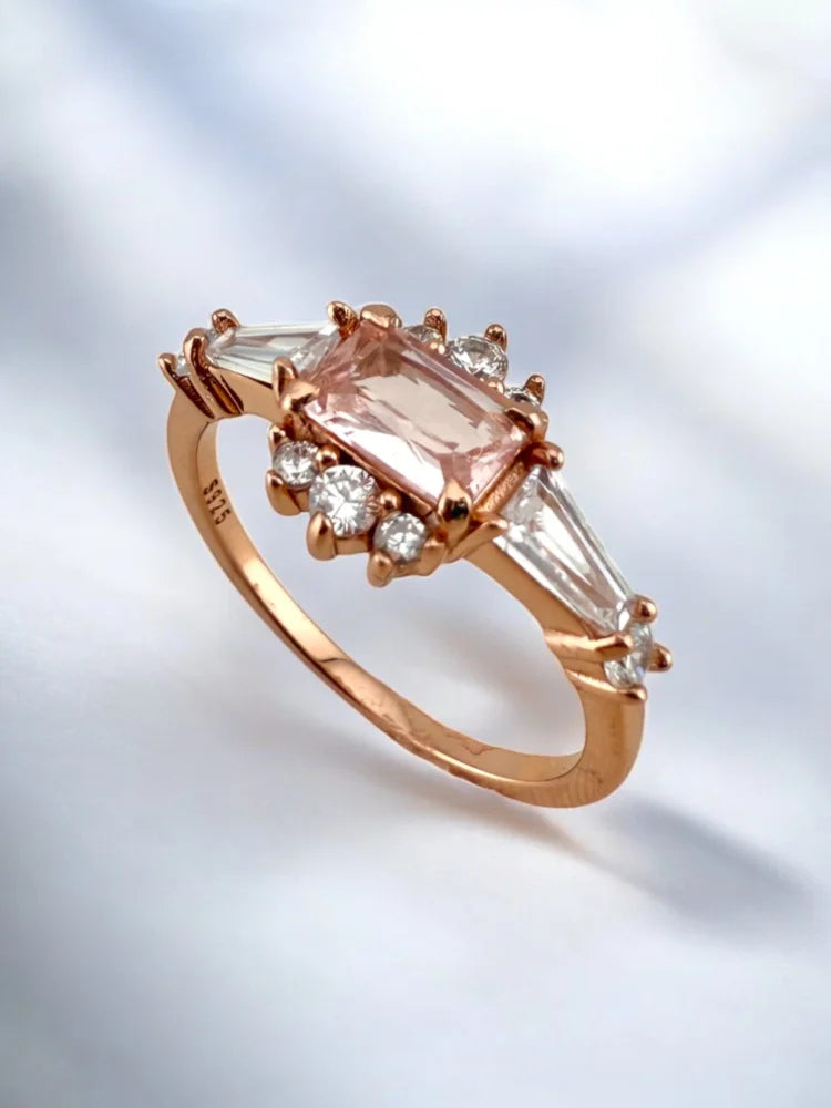 Morganite Rose Gold Art Deco Ring - SS925 14K Gold Vermeil - Free shipping - 1
