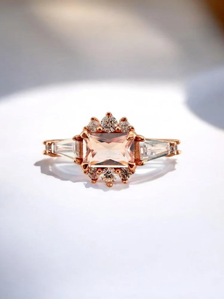 Morganite Rose Gold Art Deco Ring - SS925 14K Gold Vermeil - Free shipping - 2