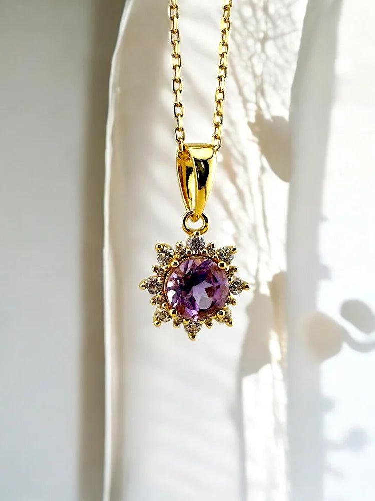 Natural Amethyst Pendant Halo Necklace - Gold - SS925 14K Gold Vermeil - Free shipping - 3
