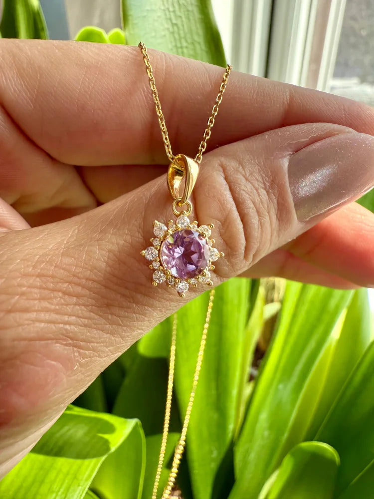 Natural Amethyst Pendant Halo Necklace - Gold - SS925 14K Gold Vermeil - Free shipping - 2