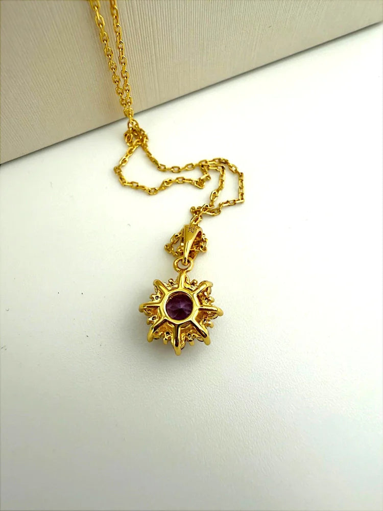Natural Amethyst Pendant Halo Necklace - Gold - SS925 14K Gold Vermeil - Free shipping - 7