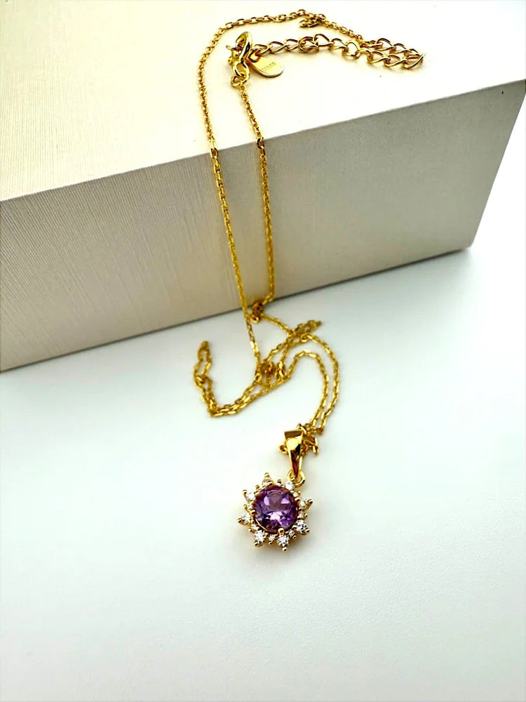 Natural Amethyst Pendant Halo Necklace - Gold - SS925 14K Gold Vermeil - Free shipping - 6