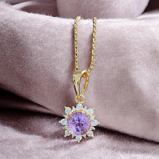 Natural Amethyst Pendant Halo Necklace - Gold - SS925 14K Gold Vermeil - Free shipping - 1