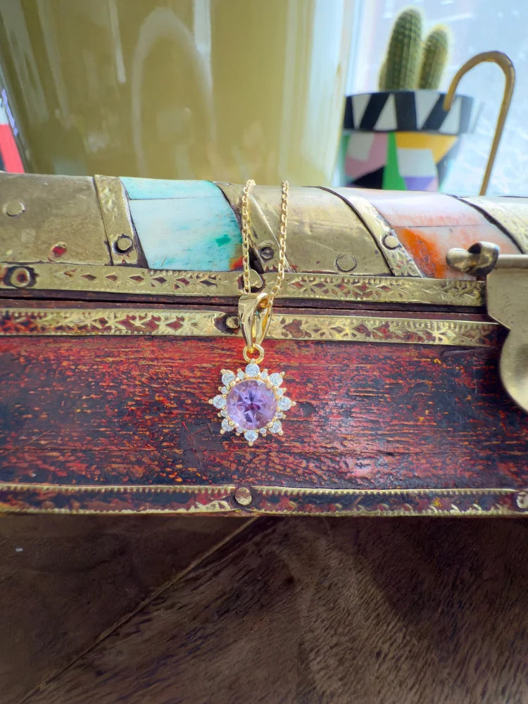 Natural Amethyst Pendant Halo Necklace - Gold - SS925 14K Gold Vermeil - Free shipping - 4