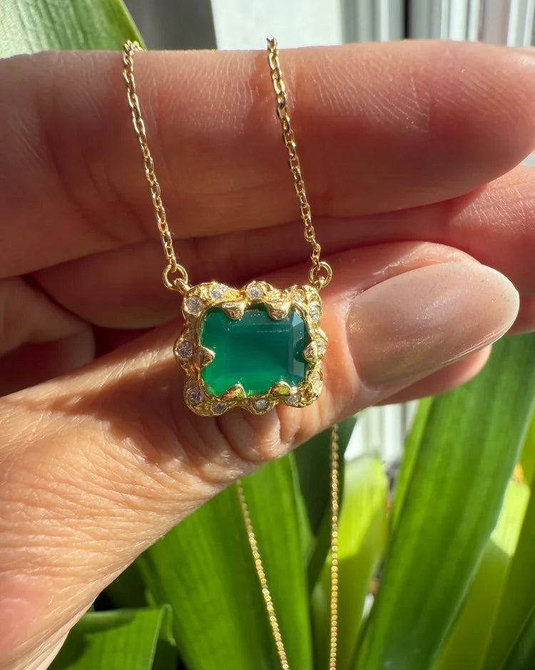 Natural Green Agate Pendant Necklace - SS925 14K Gold Vermeil - Free shipping - 1