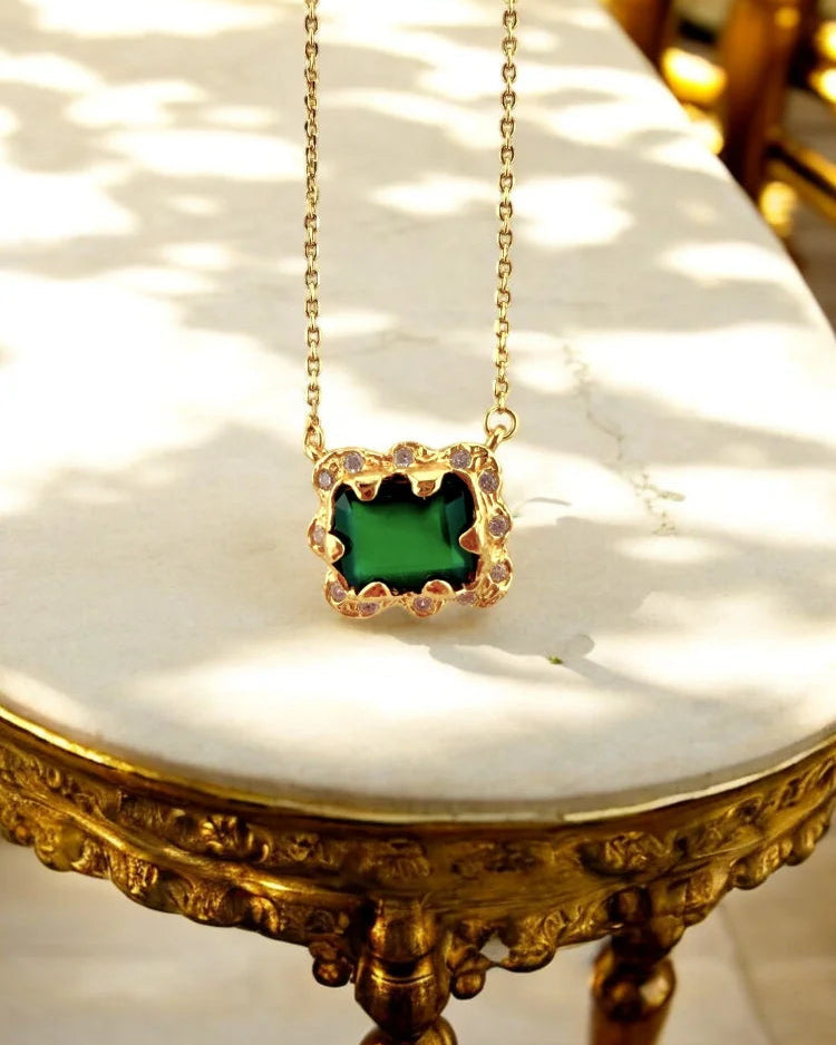 Natural Green Agate Pendant Necklace - SS925 14K Gold Vermeil - Free shipping - 2