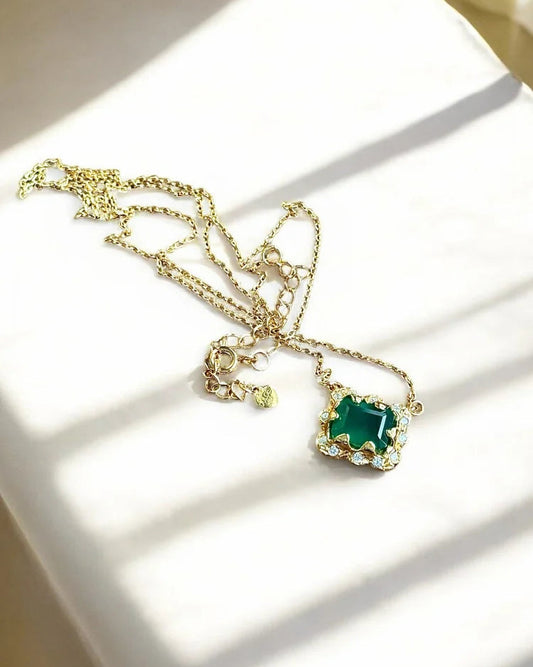 Natural Green Agate Pendant Necklace - SS925 14K Gold Vermeil - Free shipping - 1