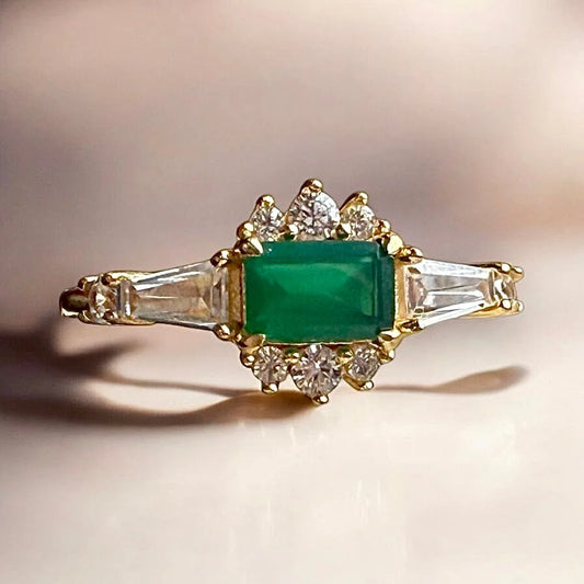 Natural Green Agate Ring - SS925 14K Gold Vermeil - Free shipping - 1