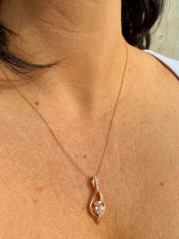 Natural Morganite and Diamond Necklace in 10K Rose Gold - 14K Solid Gold - Free shipping - 2
