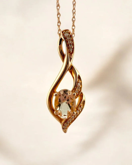 Natural Morganite and Diamond Pendant Necklace in Rose Gold - 14K Solid Gold - Free shipping - 1