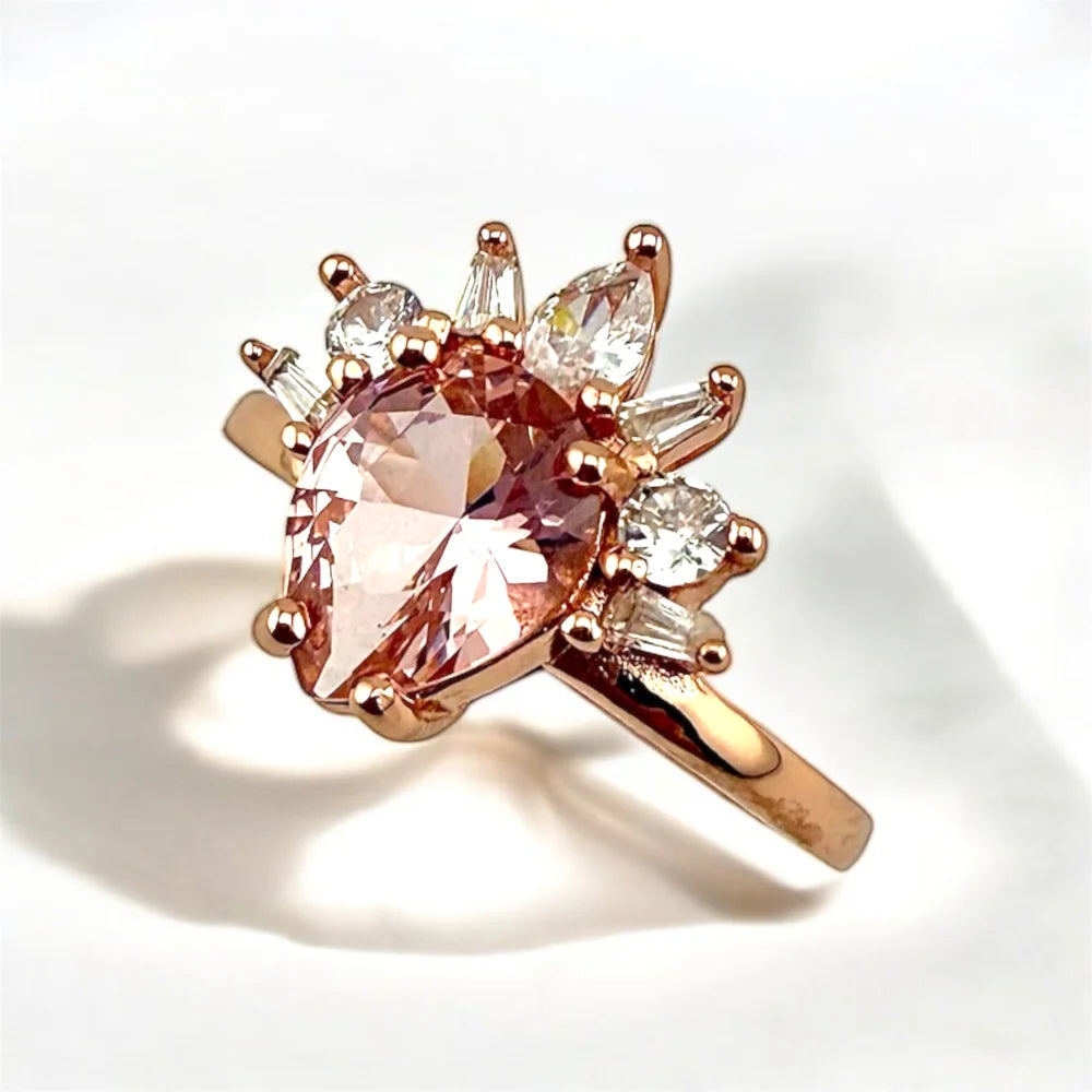 Pear Morganite Starburst Rose Gold Ring - SS925 14K Gold Vermeil - Free shipping - 2