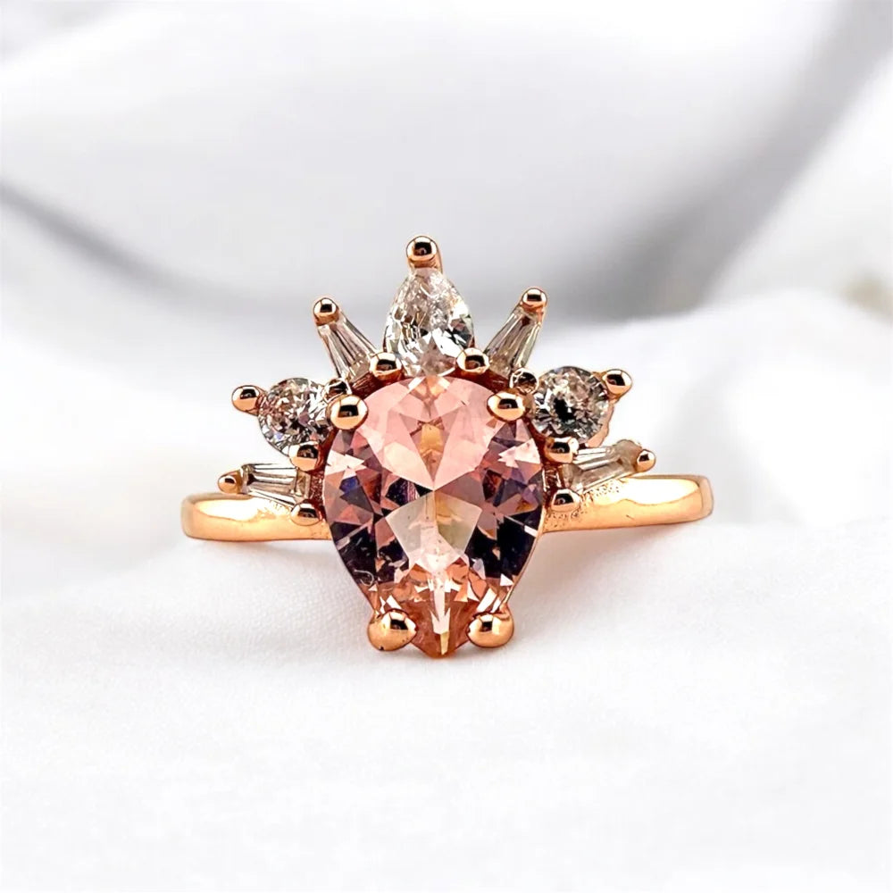 Pear Morganite Starburst Rose Gold Ring - SS925 14K Gold Vermeil - Free shipping - 1