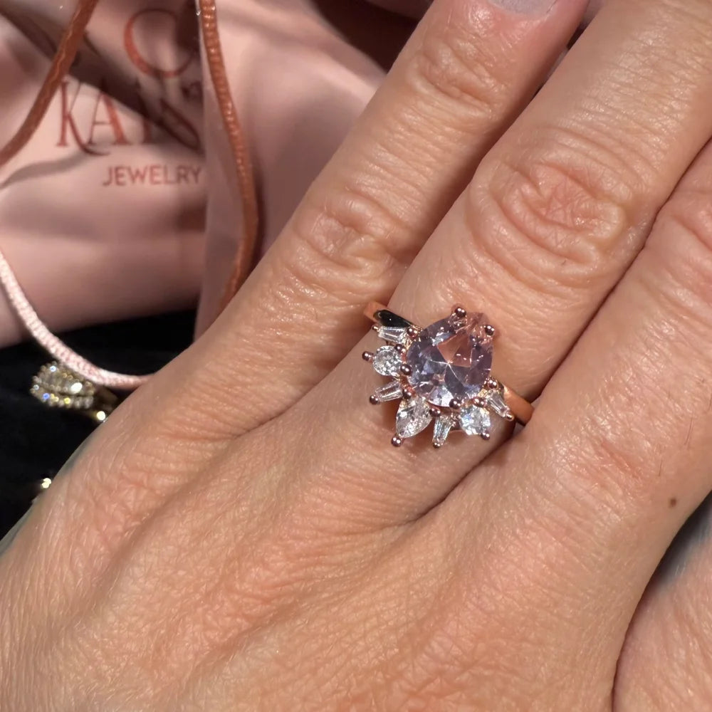 Pear Morganite Starburst Rose Gold Ring - SS925 14K Gold Vermeil - Free shipping - 3