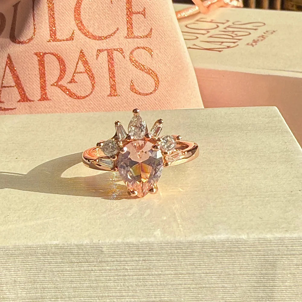 Pear Morganite Starburst Rose Gold Ring - SS925 14K Gold Vermeil - Free shipping - 6