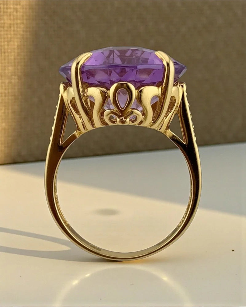 Rare Collector’s 14K Gold Amethyst Ring 11ct Cushion Pineapple Facet - 14K Solid Gold - Free shipping - 9