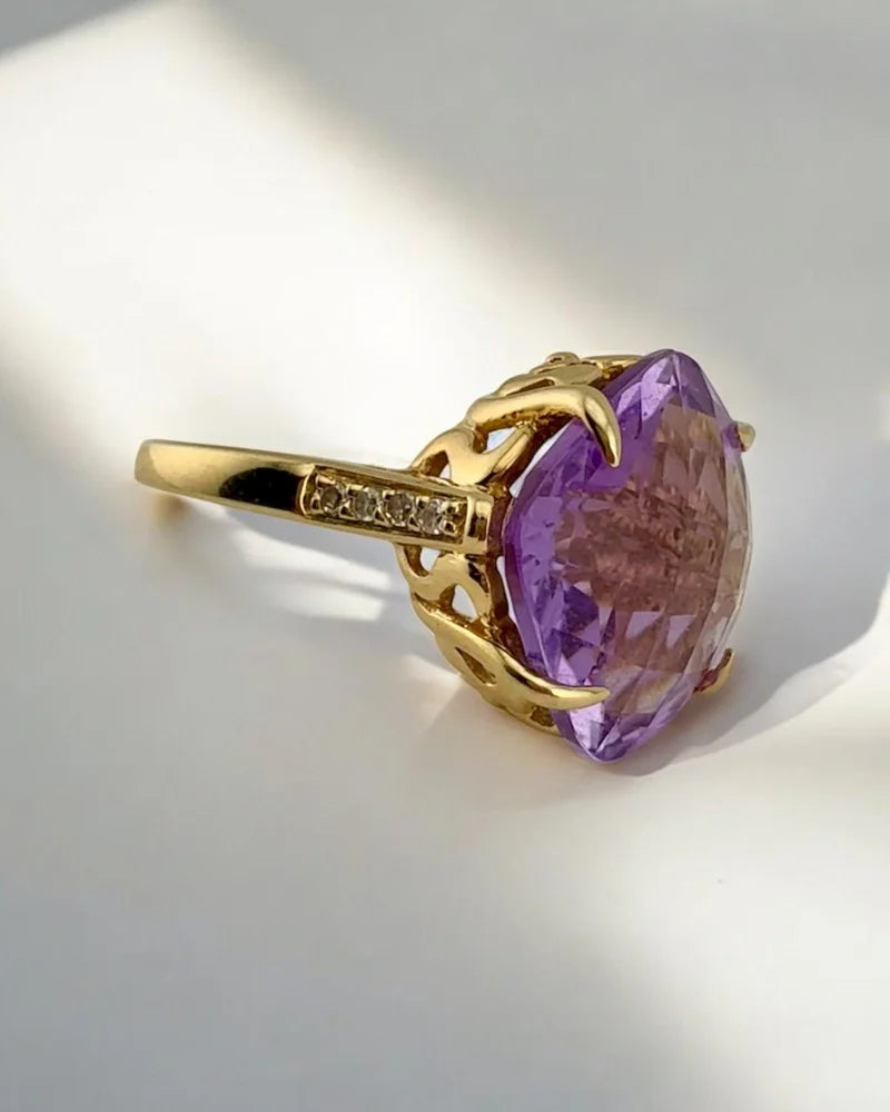 Rare Collector’s 14K Gold Amethyst Ring 11ct Cushion Pineapple Facet - 14K Solid Gold - Free shipping - 8