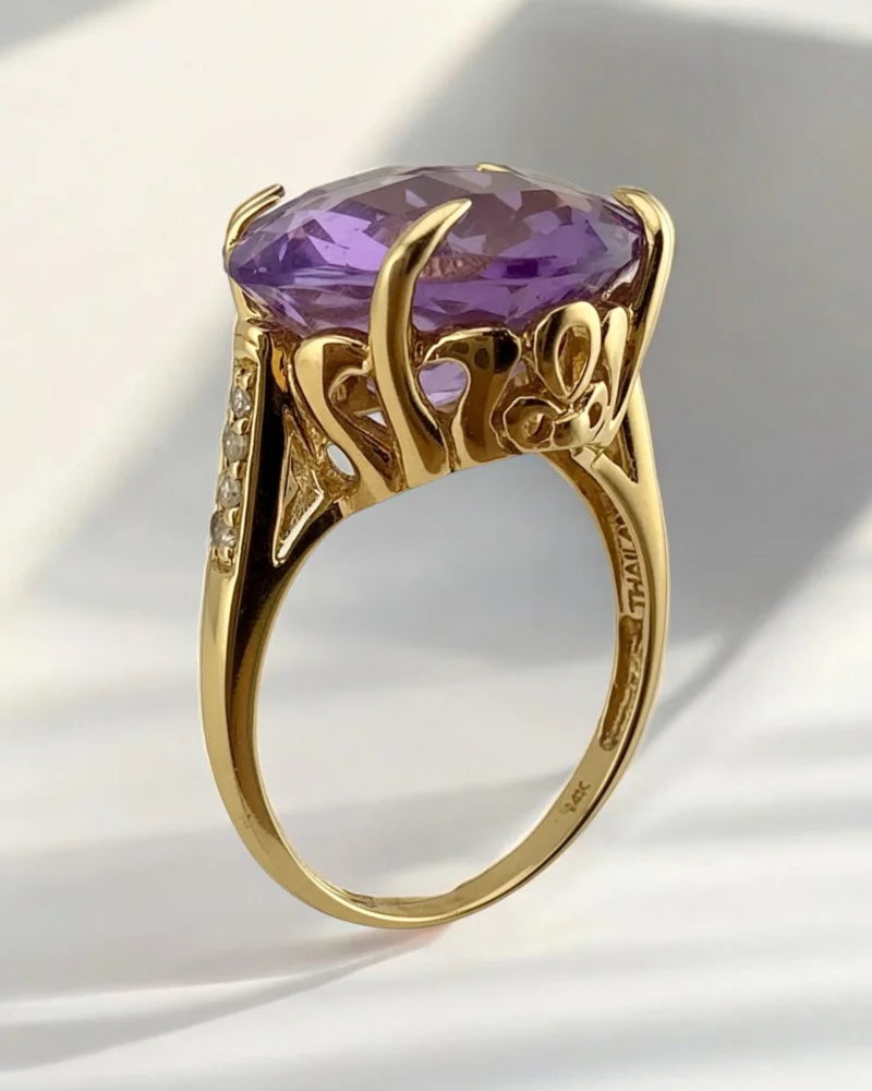 Rare Collector’s 14K Gold Amethyst Ring 11ct Cushion Pineapple Facet - 14K Solid Gold - Free shipping - 12