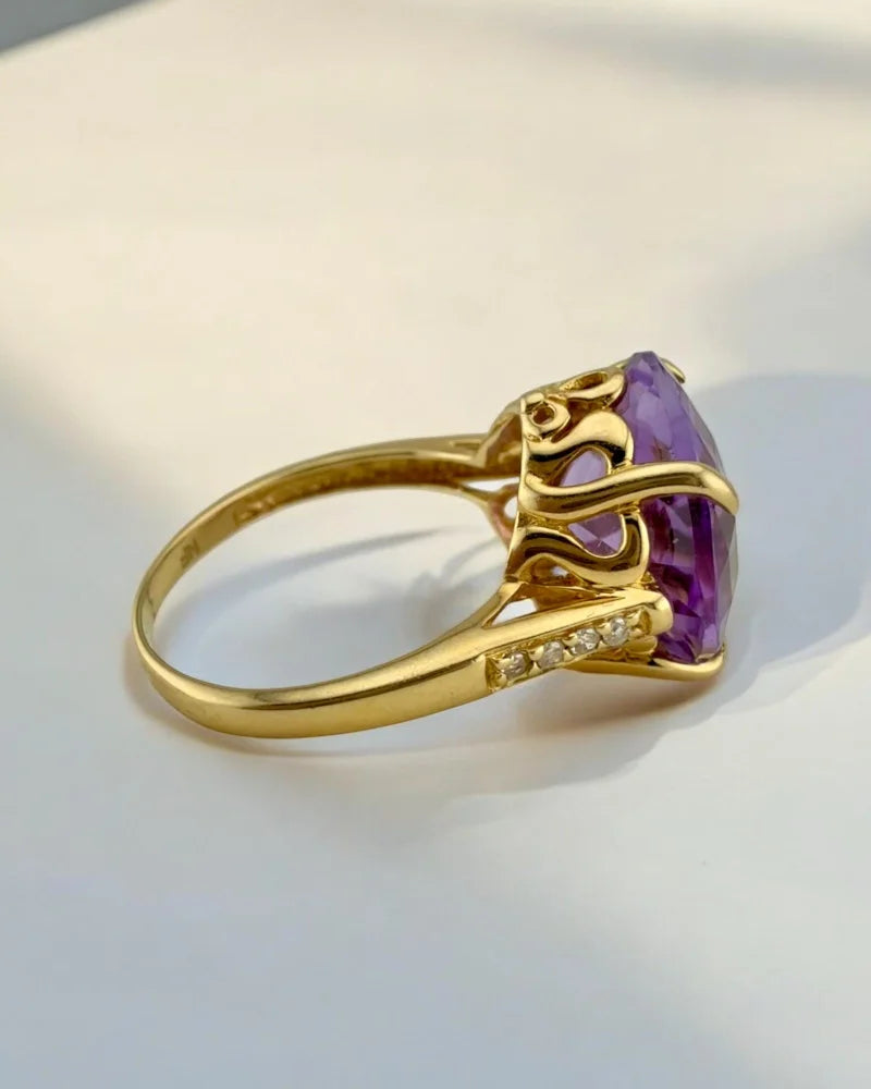 Rare Collector’s 14K Gold Amethyst Ring 11ct Cushion Pineapple Facet - 14K Solid Gold - Free shipping - 6