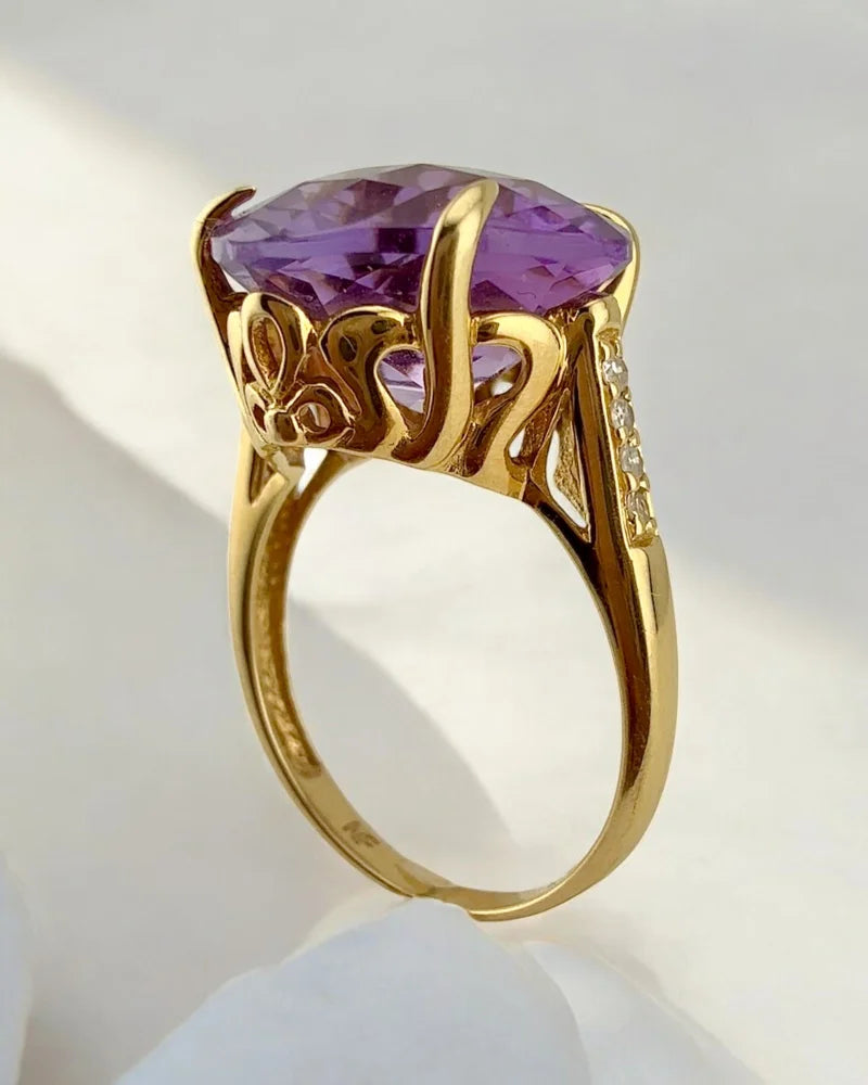 Rare Collector’s 14K Gold Amethyst Ring 11ct Cushion Pineapple Facet - 14K Solid Gold - Free shipping - 10