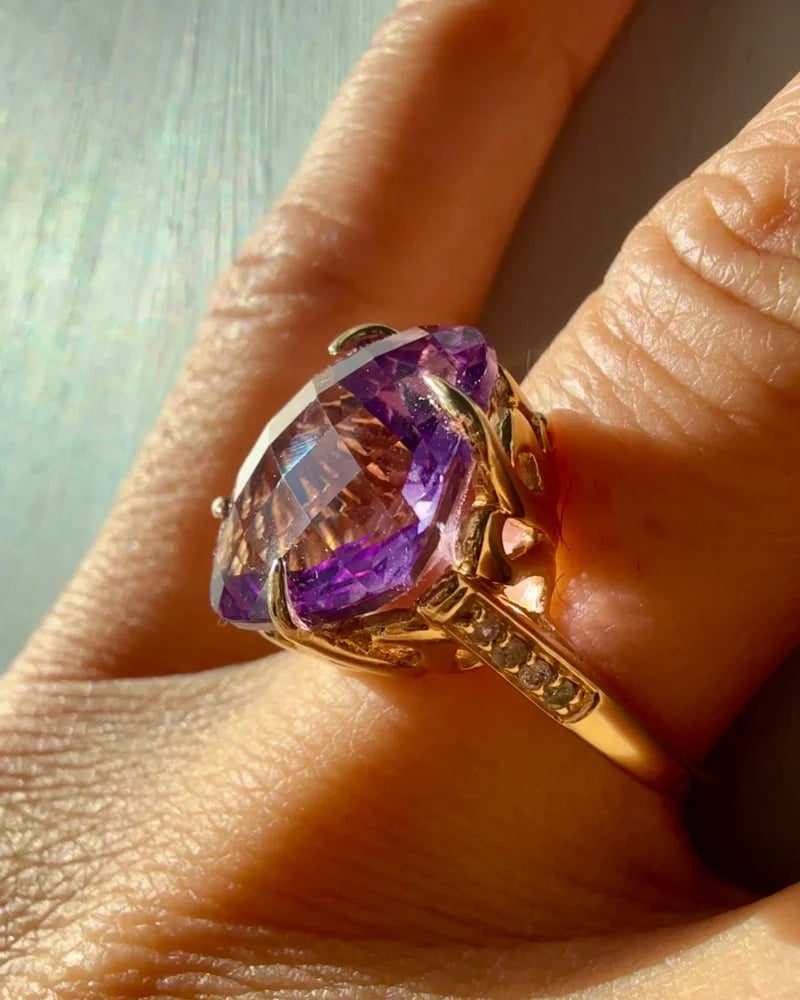 Rare Collector’s 14K Gold Amethyst Ring 11ct Cushion Pineapple Facet - 14K Solid Gold - Free shipping - 11