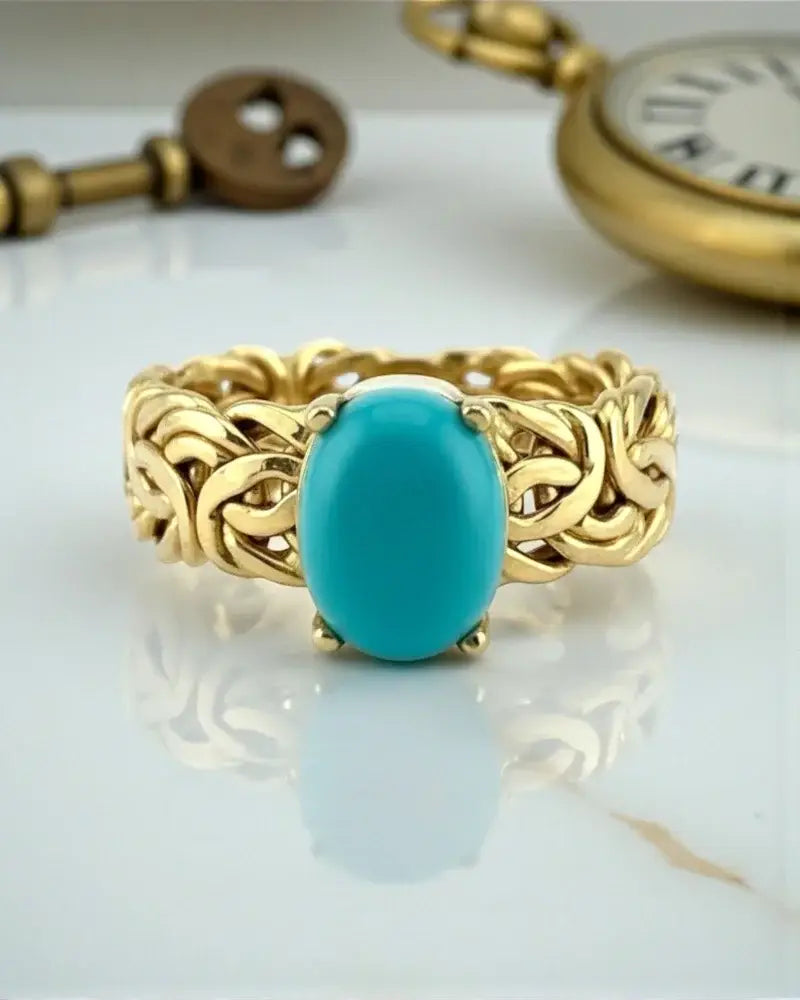 Rare Sleeping Beauty Turquoise 14K Gold Byzantine Ring - 14K Solid Gold - Free shipping - 4