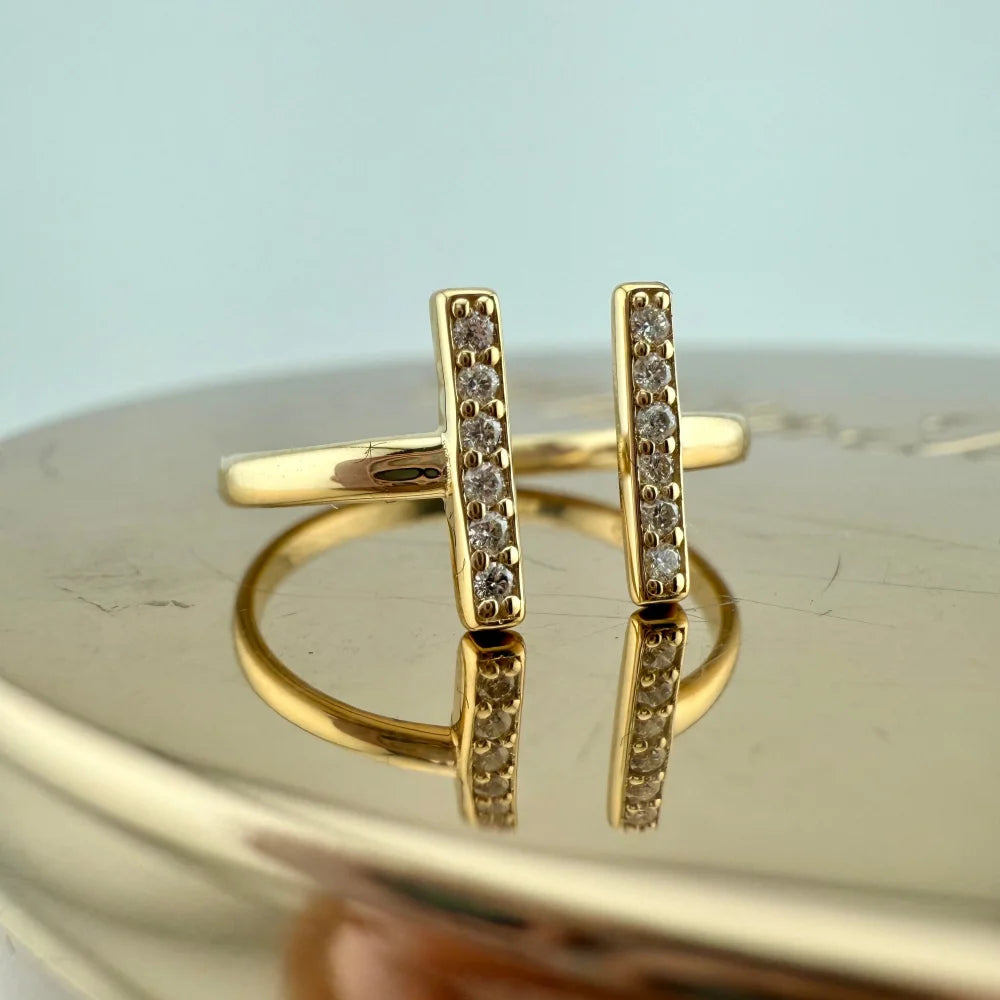 T Double Bar Diamond Ring - 14K Solid Gold - Free shipping - 5